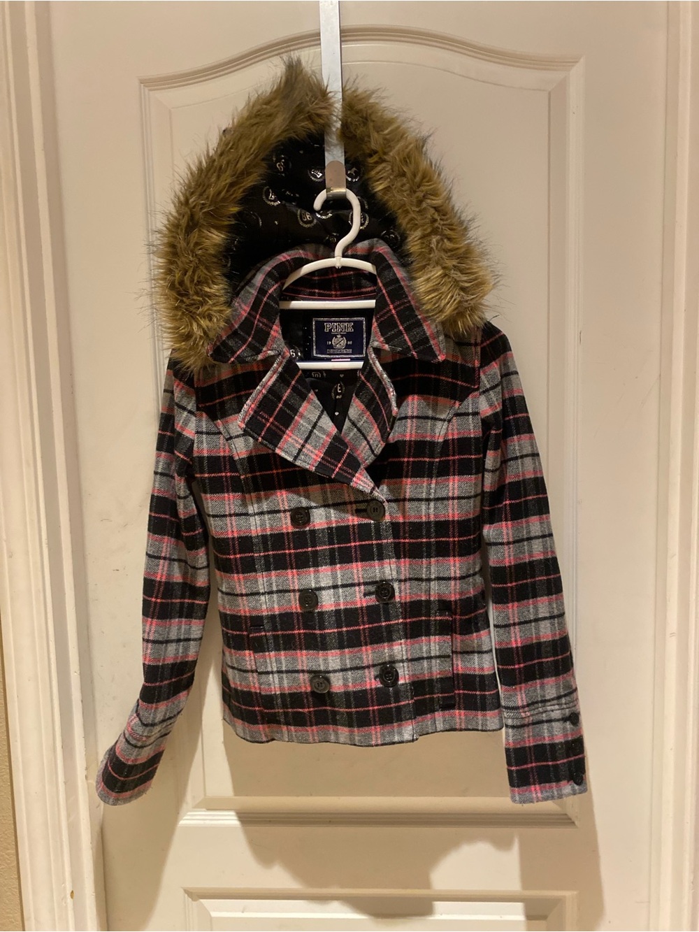 PINK Victoria's Secret Black, Gray & Pink Plaid Peacoat with Faux Fur Hood